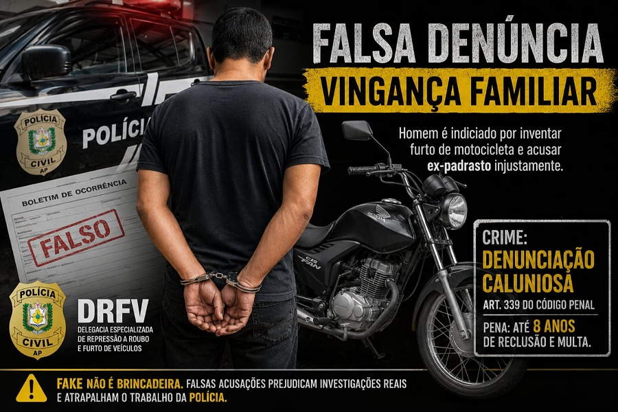 Homem é indiciado em Macapá por falsa denúncia de furto de motocicleta e acusação contra ex-padrasto