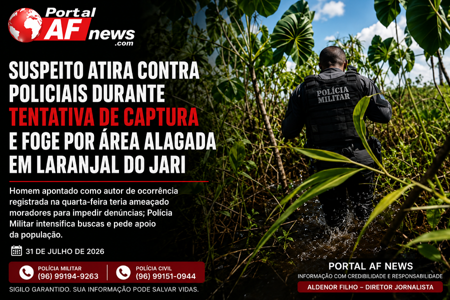 Suspeito atira contra policiais durante tentativa de captura e foge por área alagada em Laranjal do Jari