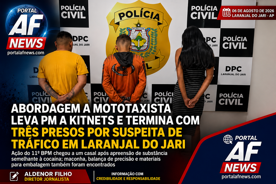 ABORDAGEM A MOTOTAXISTA LEVA PM A KITNETS E TERMINA COM TRÊS PRESOS POR SUSPEITA DE TRÁFICO EM LARANJAL DO JARI