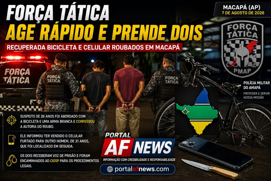 FORÇA TÁTICA AGE RÁPIDO, PRENDE DOIS E RECUPERA BICICLETA E CELULAR ROUBADOS EM MACAPÁ