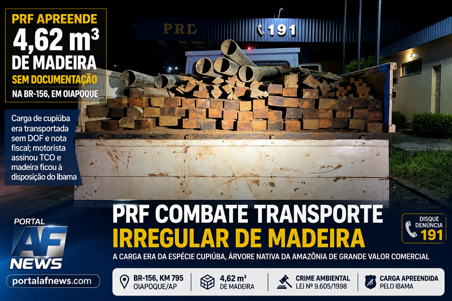 PRF apreende mais de 4,6 m³ de madeira transportada sem documentação na BR-156, em Oiapoque