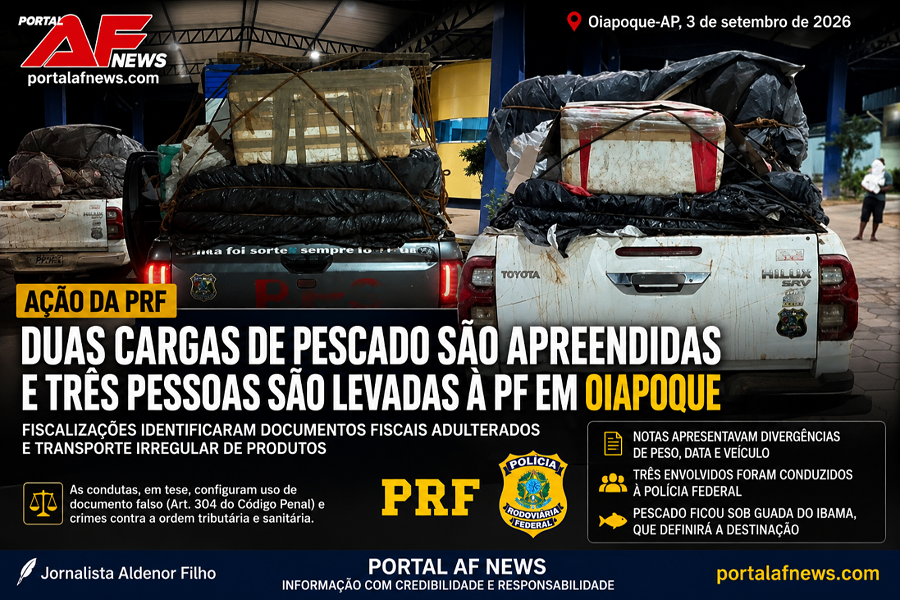 PRF APREENDE CARGAS DE PESCADO E LEVA TRÊS À PF POR SUSPEITA DE DOCUMENTOS ADULTERADOS EM OIAPOQUE
