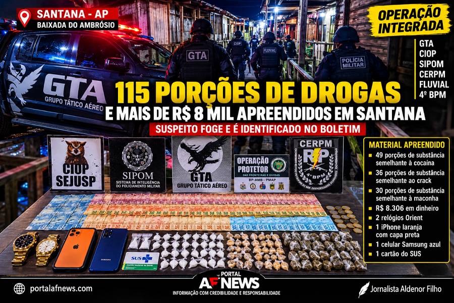 OPERAÇÃO INTEGRADA APREENDE 115 PORÇÕES DE DROGAS E MAIS DE R$ 8 MIL EM SANTANA; SUSPEITO FOGE