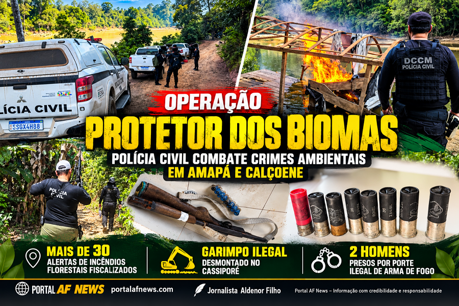 OPERAÇÃO PROTETOR DOS BIOMAS: POLÍCIA CIVIL DESMONTA GARIMPO ILEGAL, FISCALIZA MAIS DE 30 ALERTAS AMBIENTAIS E PRENDE DOIS HOMENS NO AMAPÁ