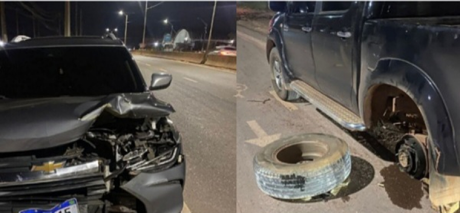 Roda se solta de picape e causa acidente na Rodovia Duca Serra, em Santana