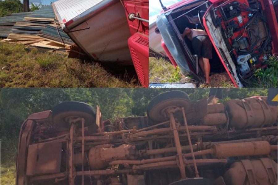 Caminhão baú tomba na BR-156, em Tartarugalzinho, e deixa duas pessoas feridas